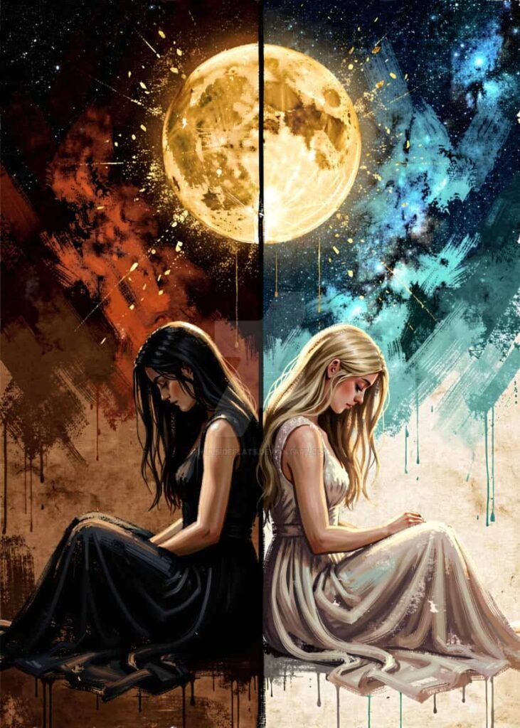 mujeres de espalda con la luna por encima