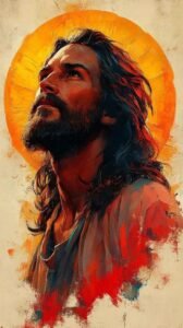 jesus amarillo y naranja mirada cielo