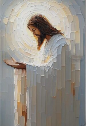 Una obra espiritual que combina arte digital y técnicas contemporáneas. Cuadro exclusivo en lienzo con marco de madera natural.