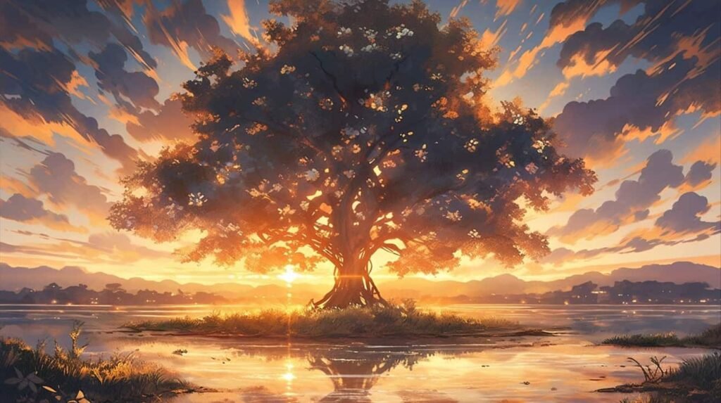 árbol sol de fondo expresivo